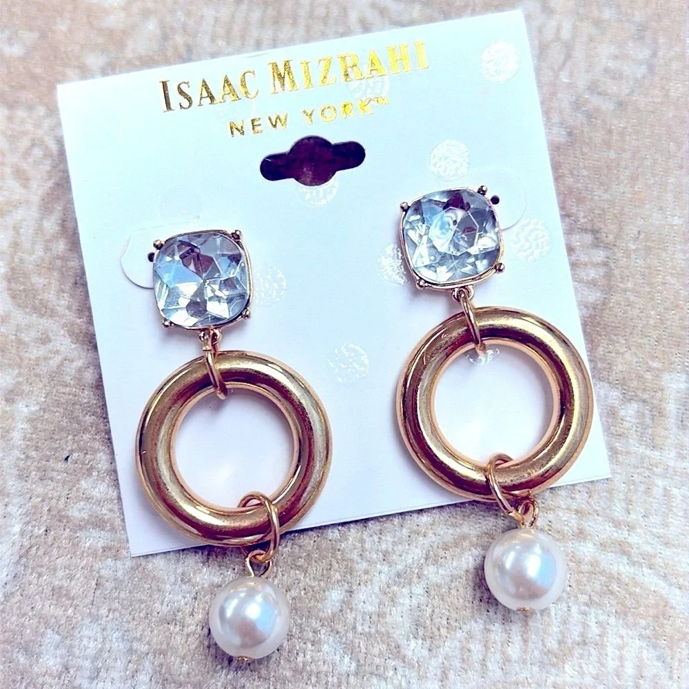 Brand New Isaac Mizrahi Large Rhinestone Gold Tone Round Faux Pearl Drop Earring